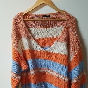 SHEIN Orange and Blue V-Neck Striped Sweater
